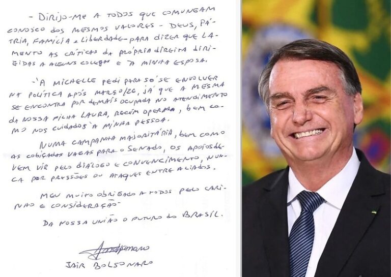 Nikolas divulga carta de Bolsonaro; ex-presidente defende Michelle e faz apelo por união da direita