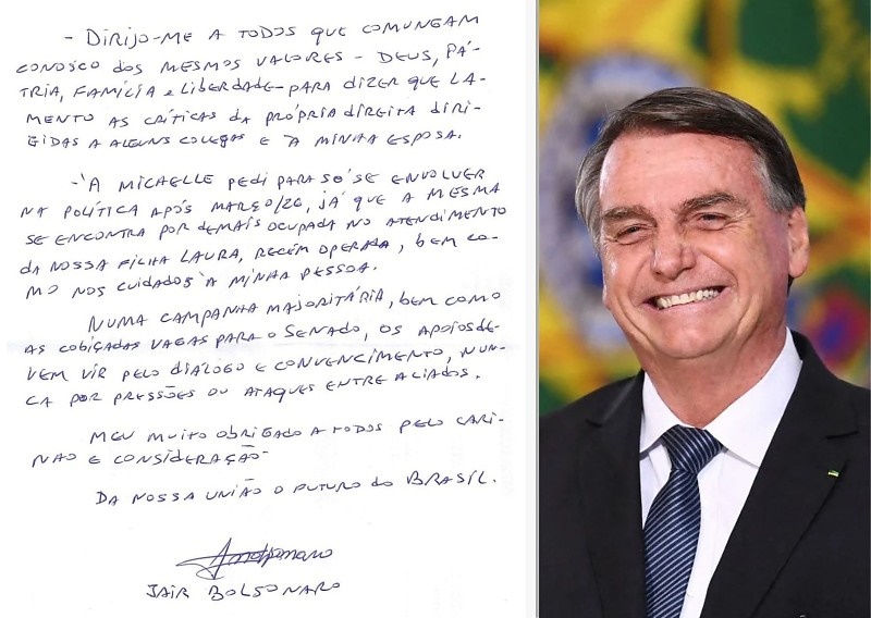 Nikolas divulga carta de Bolsonaro; ex-presidente defende Michelle e faz apelo por união da direita